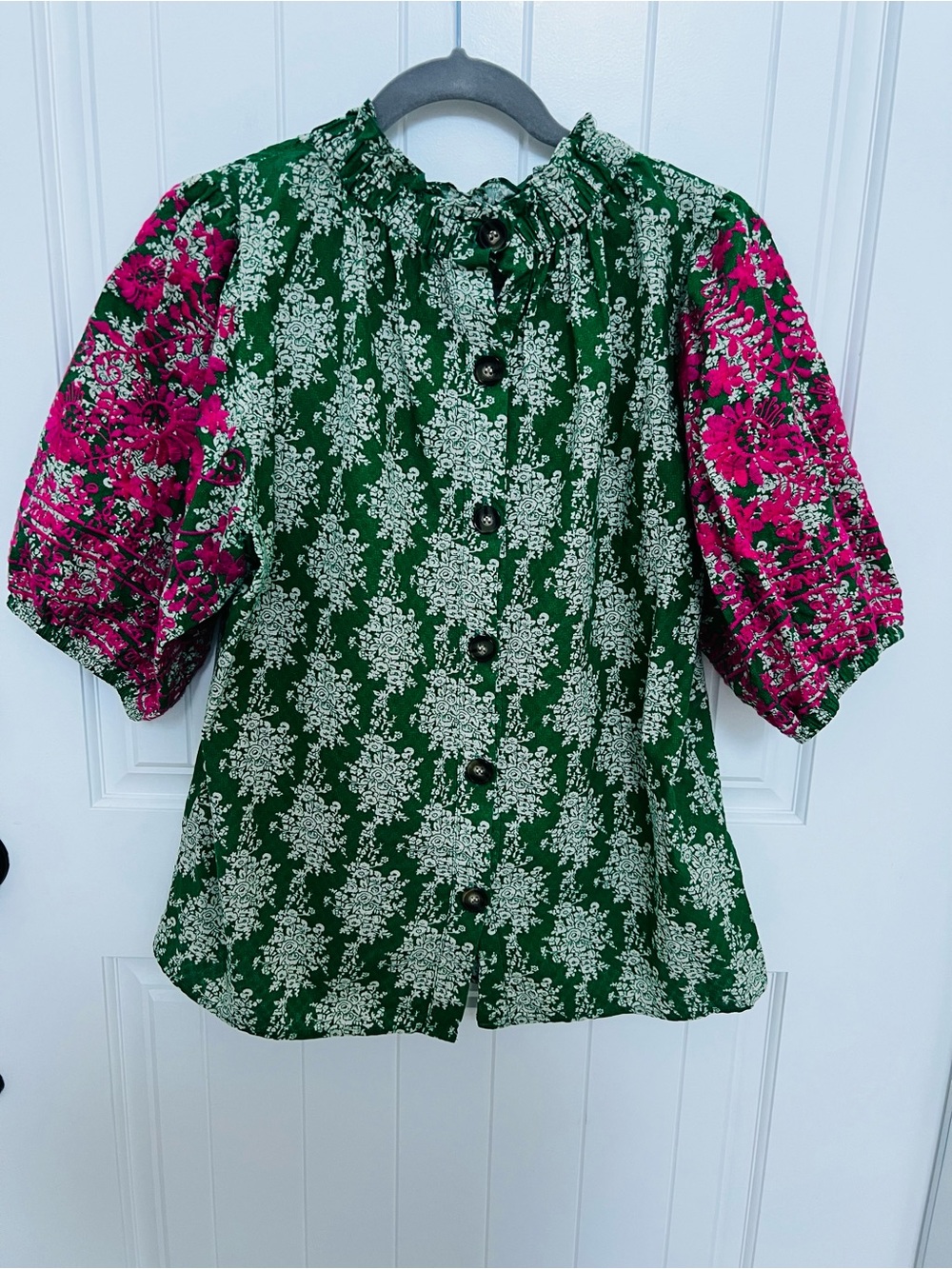THML Green and Pink Floral Mixed-Print Puff Sleeve Blouse - Picture 6 of 9